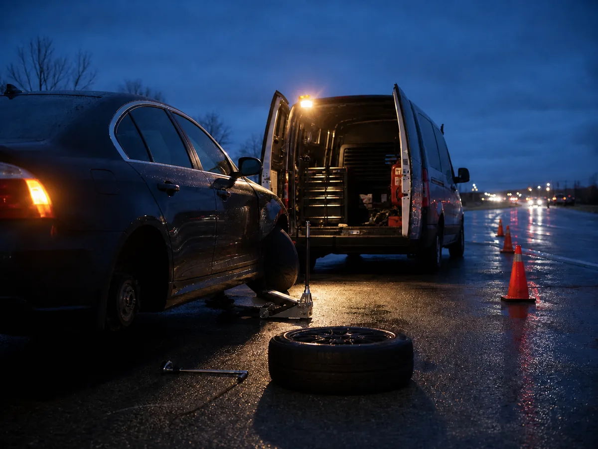 Mobile tire service at a safe roadside work area
