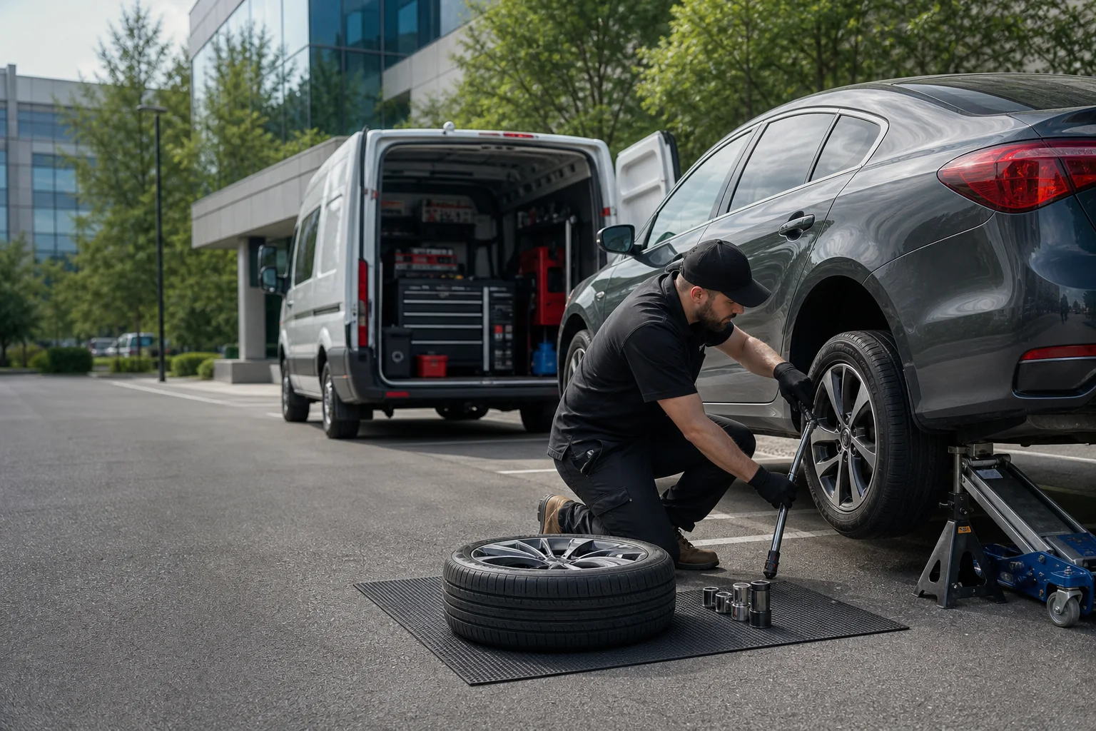 Mobile technician changing a complete wheel at a workplace parking lot