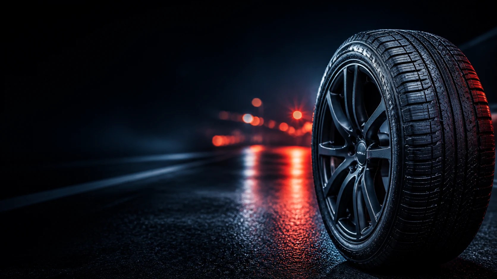 Premium close-up tire and wheel on a dark wet road for mobile tire service