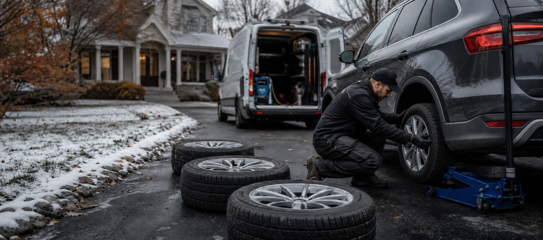 Technician installing a seasonal wheel with three matching wheels ready in a Canadian driveway