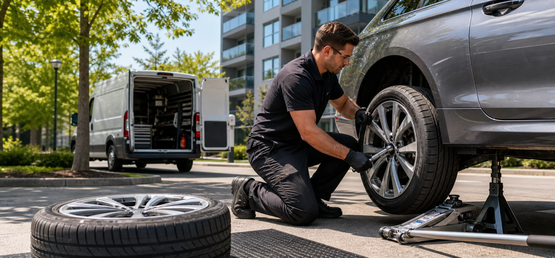 Mobile summer tire installation at an Ontario condominium parking area