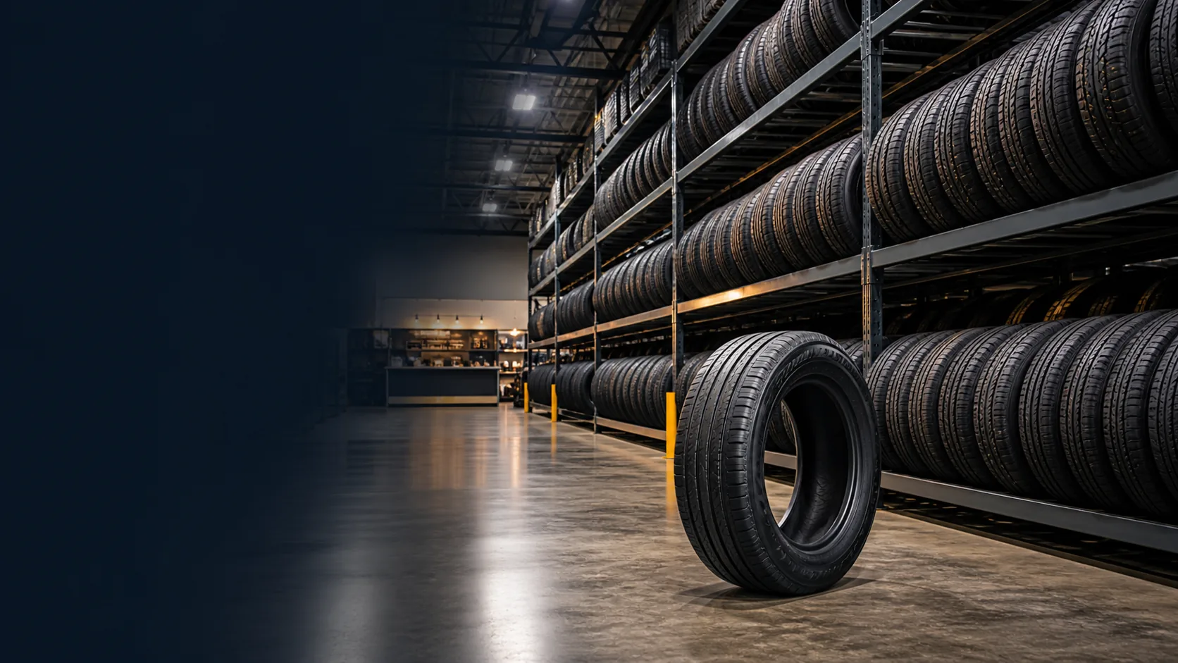 Organized warehouse racks with passenger and SUV tires