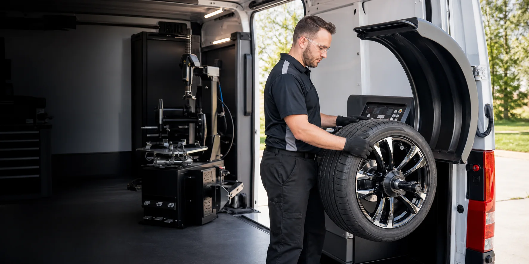 Technician operating professional mobile wheel balancing equipment