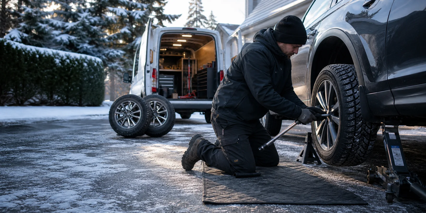 Mobile winter tire installation on a snowy Ontario driveway
